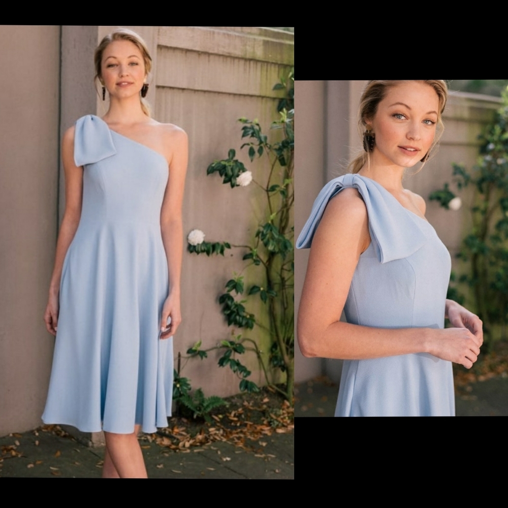 GAL MEETS GLAM Light Blue A-Line Midi Dress Asymmetrical Neck Bow Fit and Flare - Picture 5 of 12